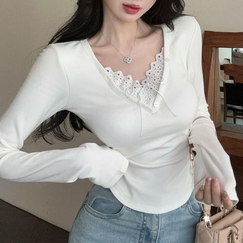 Long-Sleeve Plain Bow Lace Panel Slim Fit T-Shirt Product Image