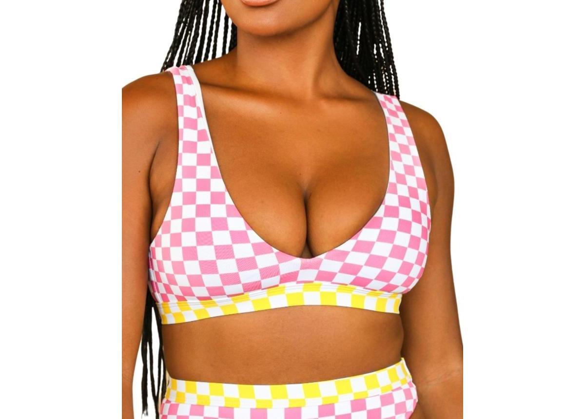 Dippin' Daisy's Women's Eco Checker Billie Cropped Bikini Top in Pink/Yellow - Product Image