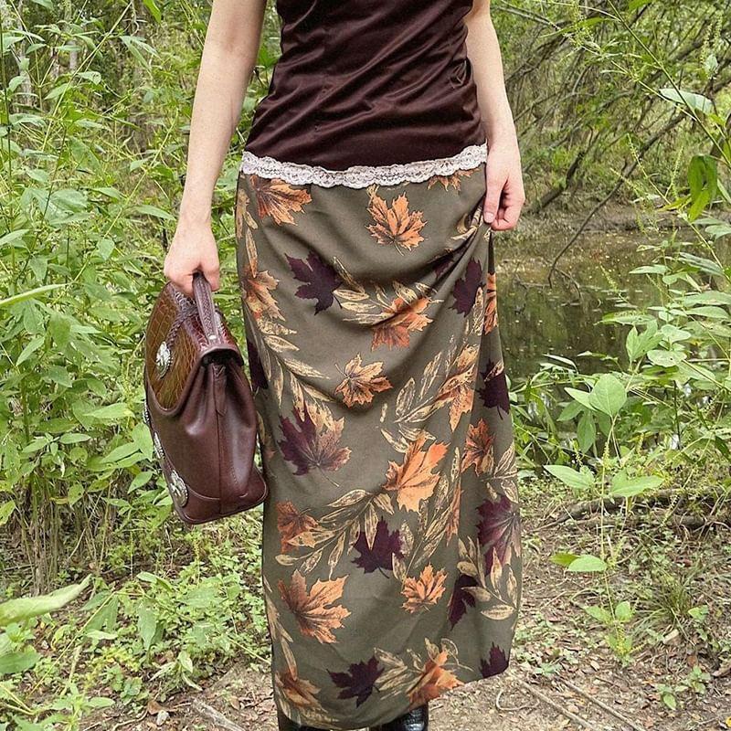 Low Waist Leaf Print Midi A-Line Skirt Product Image