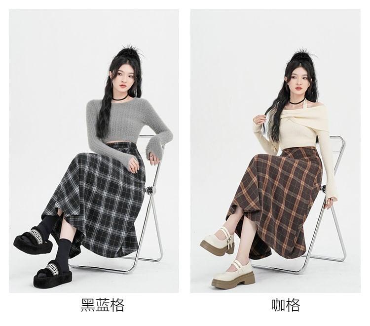 High Rise Plaid Midi A-Line Skirt product image