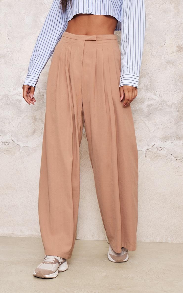 Taupe Pintuck Detail Wide Leg Tailored Trousers Product Image