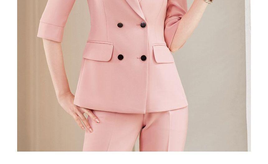 Elbow-Sleeve Peak Lapel Plain Double Breasted Blazer / High Rise Mini Pencil Skirt / High Rise Straight Leg Suit Pants / Set Product Image