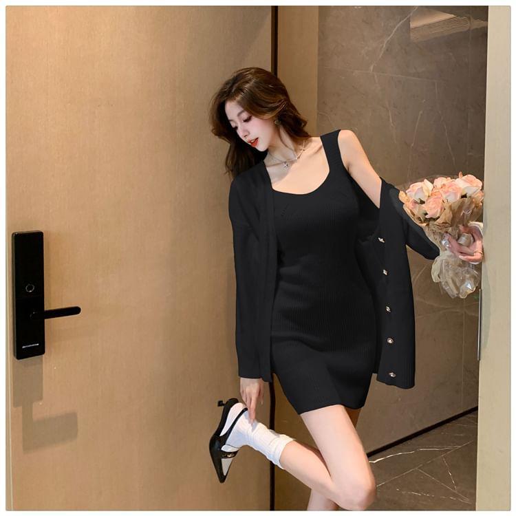 Set: Sleeveless Ribbed Mini Sheath Knit Dress + V-Neck Cardigan Product Image