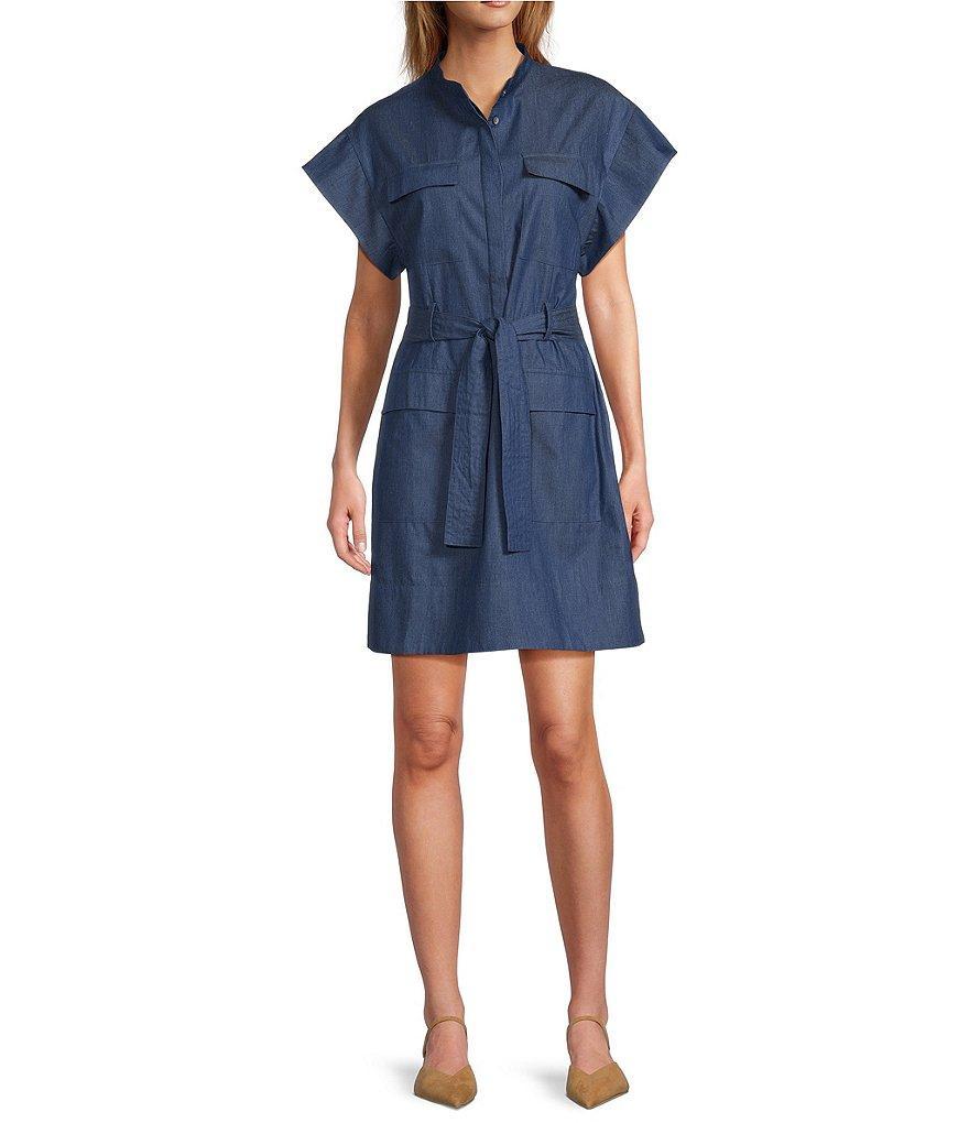 tyler boe Wendy Denim Mandarin Collar Cap Sleeve Patch Pocket Shirt Dress Product Image