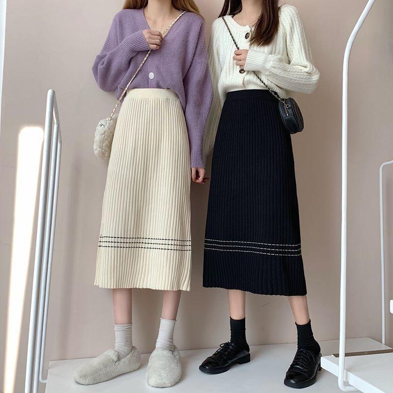 High Waist Knit Pleated Midi A-Line Skirt Product Image