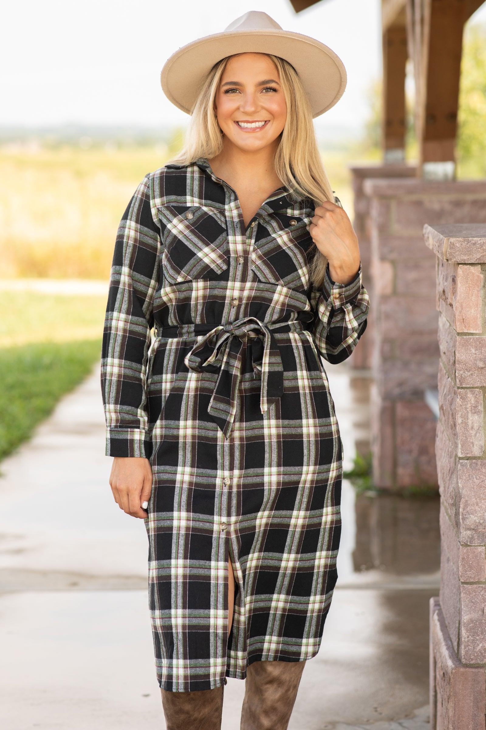 Black and Cream Plaid Self Tie Shirt Dress Product Image