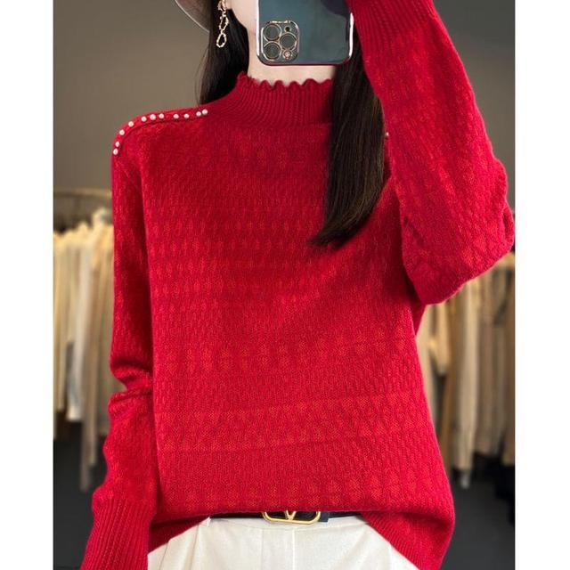 Long Sleeve Mock Neck Plain Beaded Knit Top Product Image