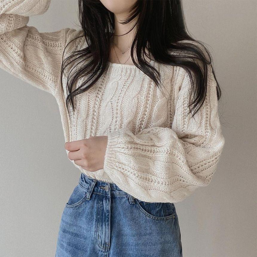 Square Neck Cable Knit Plain Crop Sweater Product Image