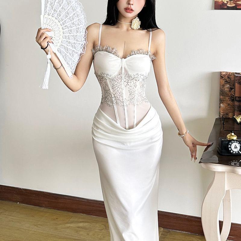 Spaghetti Strap Mesh Panel Maxi Sheath Dress Product Image