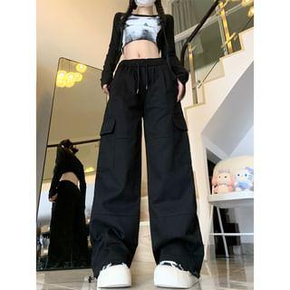 Drawstring Waist Plain Loose Fit Cargo Pants Product Image