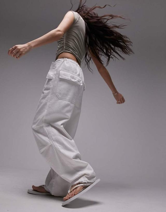 Topshop balloon parachute linen cargo pants in white Product Image