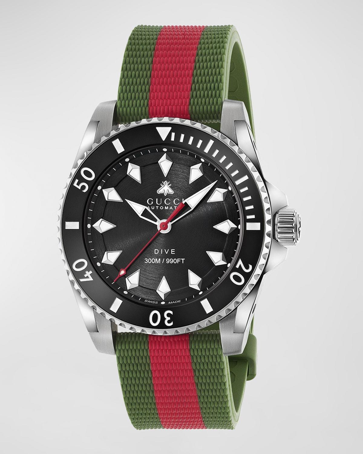 Gucci Mens Swiss Automatic Dive Red & Green Rubber Strap Watch 40mm - Stainless Steel Product Image