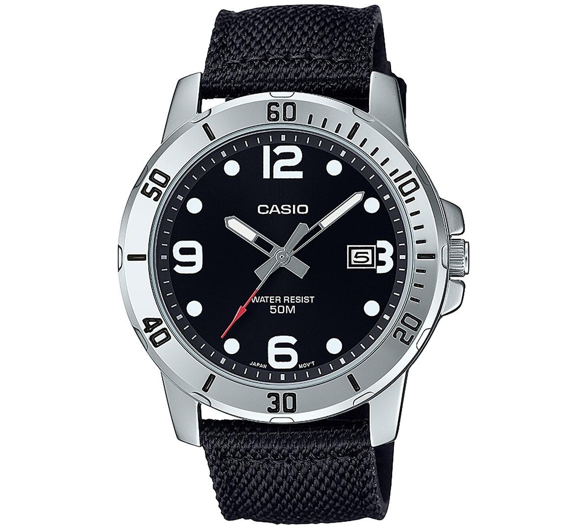 Casio Mens Black Cloth Strap Watch 45mm, MTPVD01C-1BV Product Image