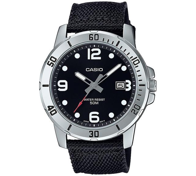 Casio Mens Black Cloth Strap Watch 45mm, MTPVD01C-1BV - Black Product Image