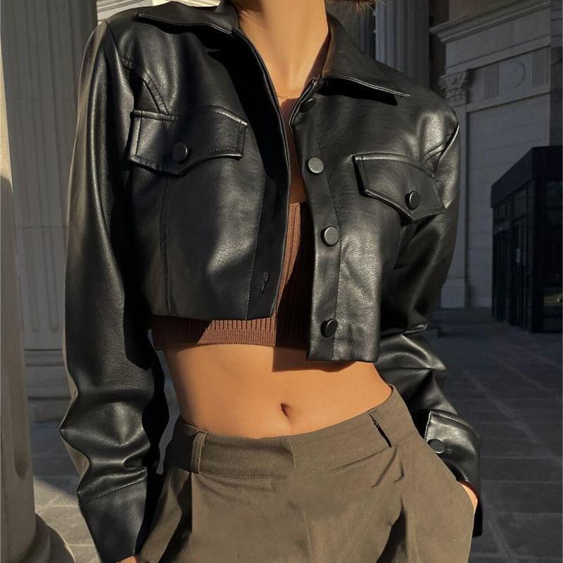 Collar Plain Faux Leather Crop Button Jacket Product Image