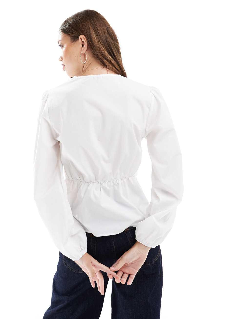 ASOS DESIGN long sleeve pinktuck blouse with tie front detail in white Product Image