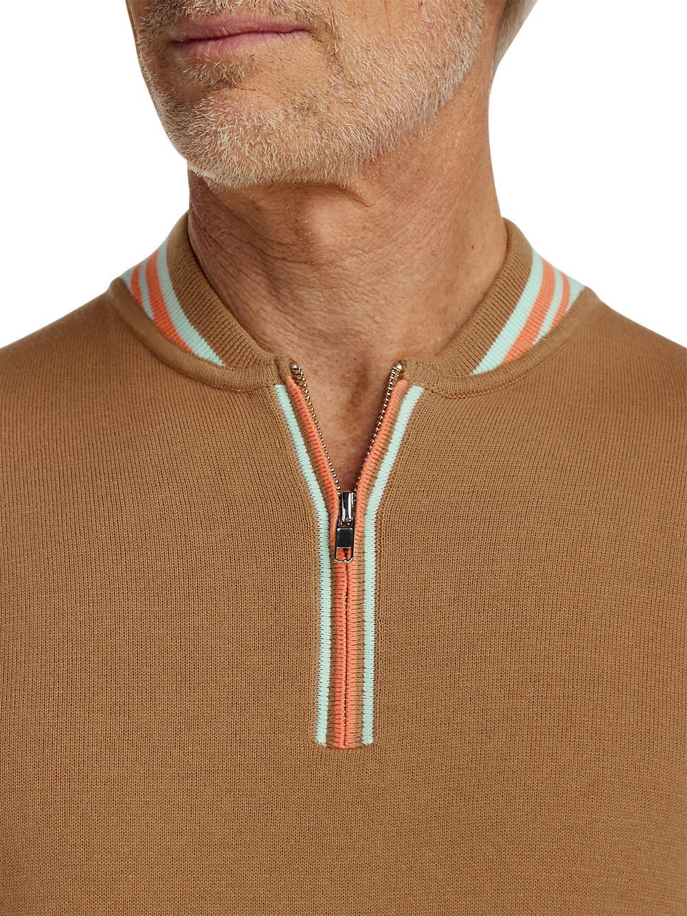 Cotton Quarter Zip Crew Neck Sweater - Brown Product Image