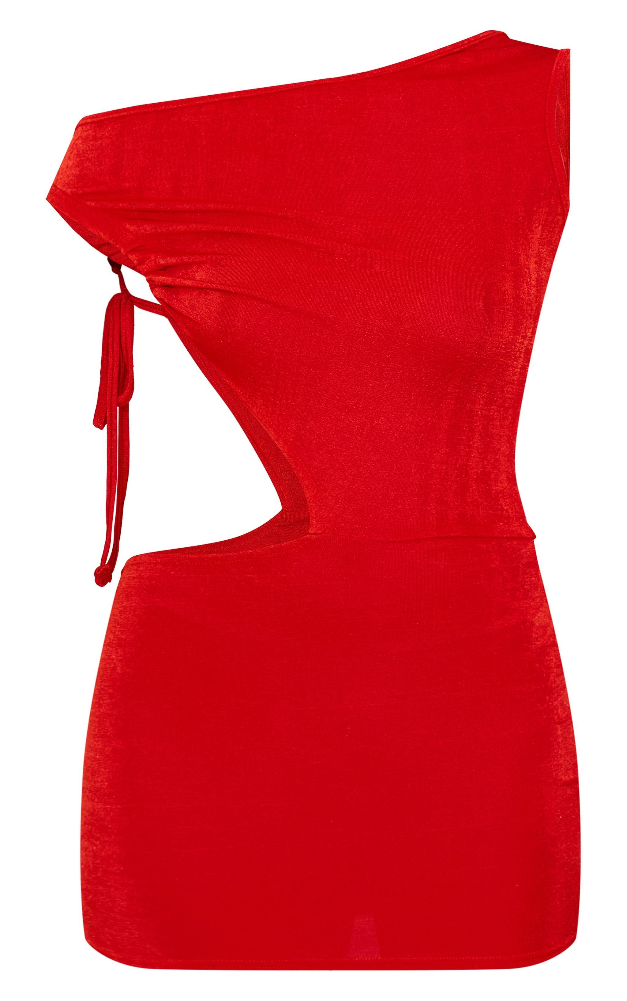 Tomato Red Acetate Slinky One Shoulder Ruched Cut Out Bodycon Dress Product Image