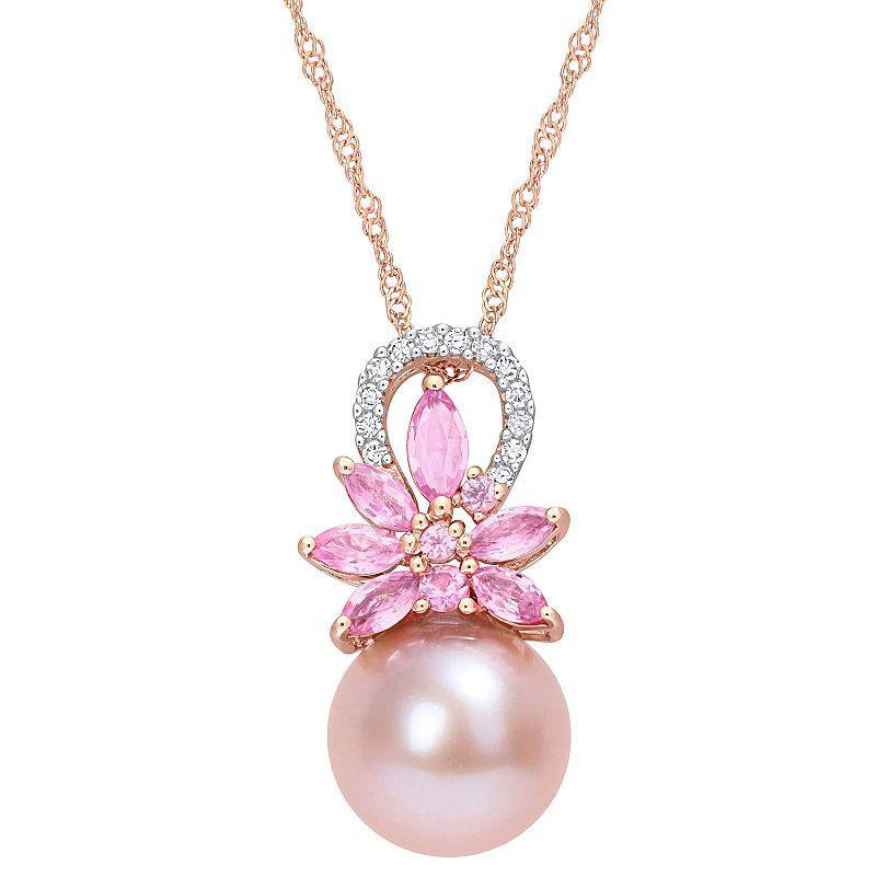 Stella Grace 14k Rose Gold Freshwater Cultured Pearl, Pink Sapphire & Diamond Accent Flower Pendant Necklace, Womens Product Image