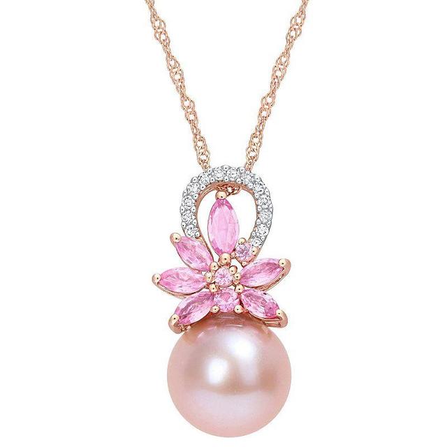 Stella Grace 14k Rose Gold Freshwater Cultured Pearl, Pink Sapphire & Diamond Accent Flower Pendant Necklace, Womens Multicolor Product Image