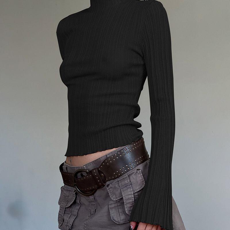 Long Sleeve Mock Neck Plain Ruffle Trim Ribbed Knit Crop Top Product Image