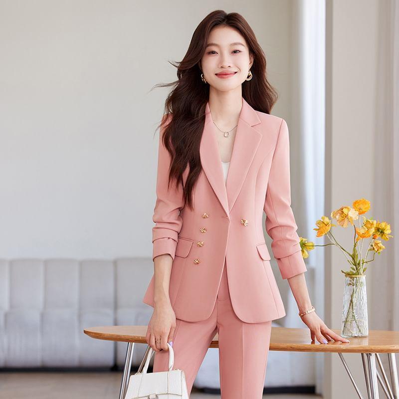 Notch Lapel Plain Double-Breasted Blazer / High Rise Bootcut Suit Pants / Set Product Image