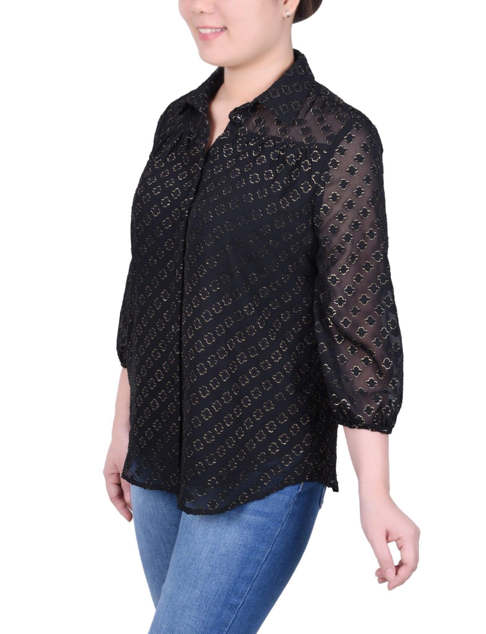 3/4 Length Sleeve Foiled Jacquard Chiffon Blouse - Petite Product Image