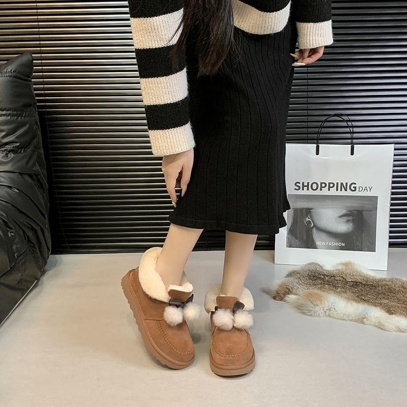 Bow Pom Pom Fleece-Lined Ankle Snow Boots Product Image