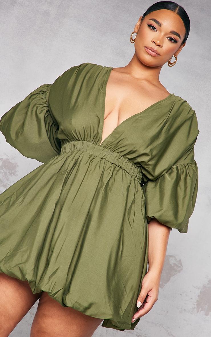 Plus Khaki Puff Sleeve Puffball Hem Dress Product Image