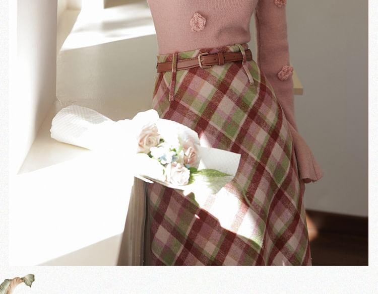 Set: Long-Sleeve V-Neck Plain Top + High Waist Plaid Midi Skirt Product Image