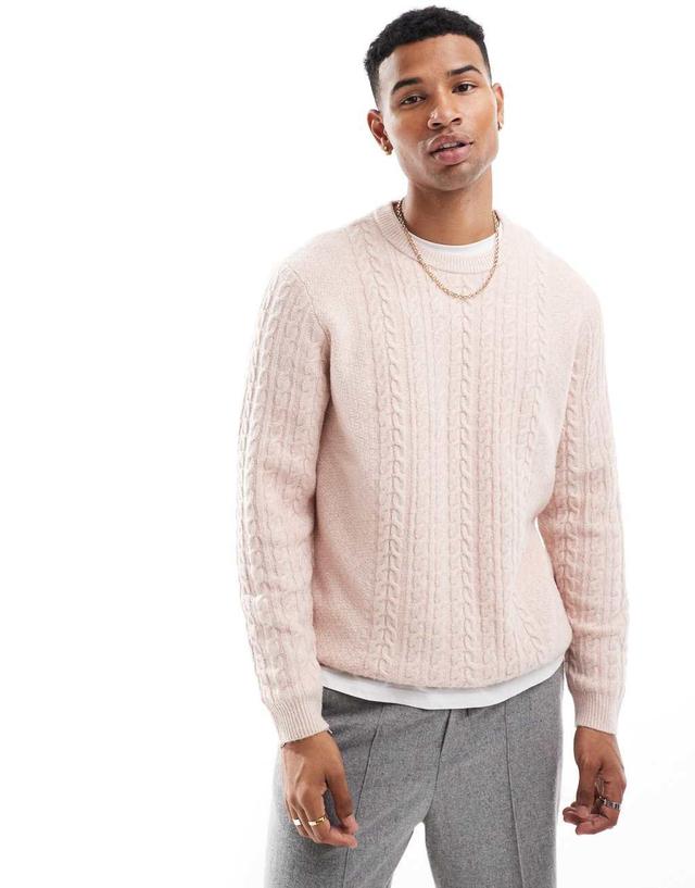 ASOS DESIGN relaxed slouchy crew neck cable knit sweater in pink Product Image