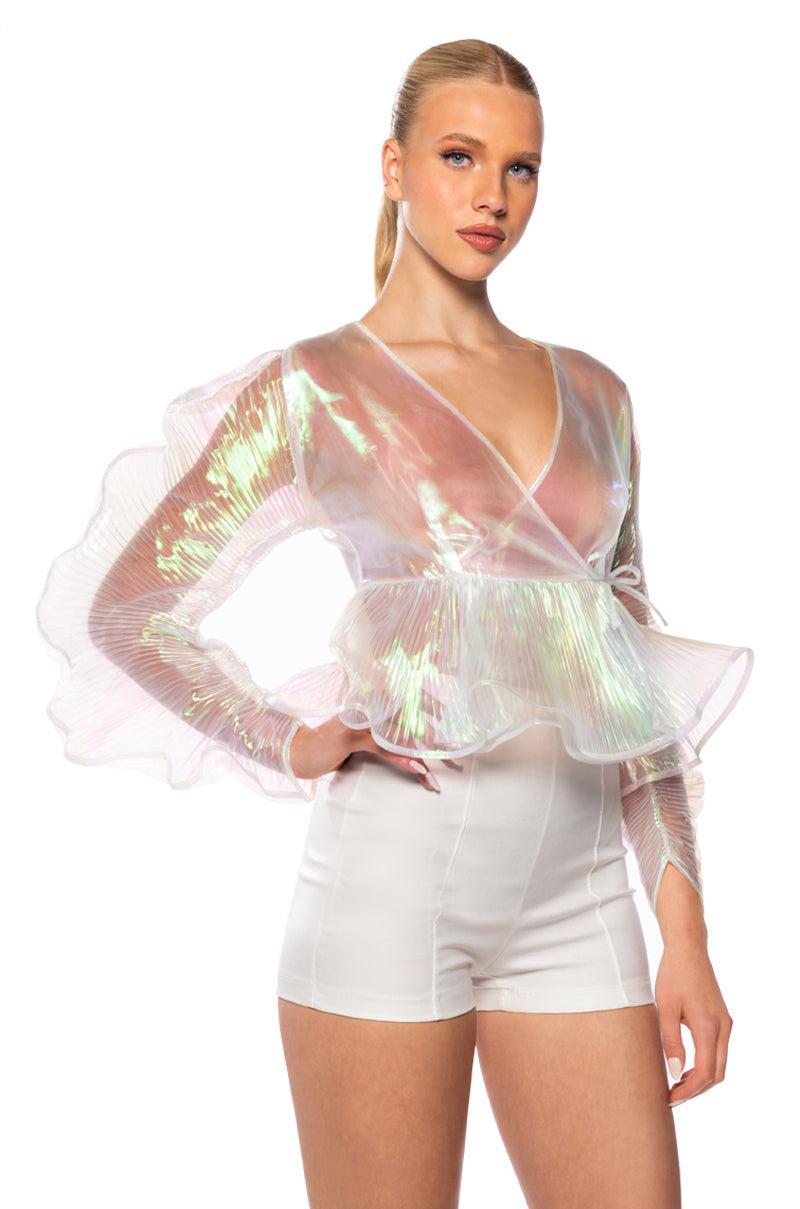 ETHEREAL PLEATED PEPLUM WRAP BLOUSE Product Image