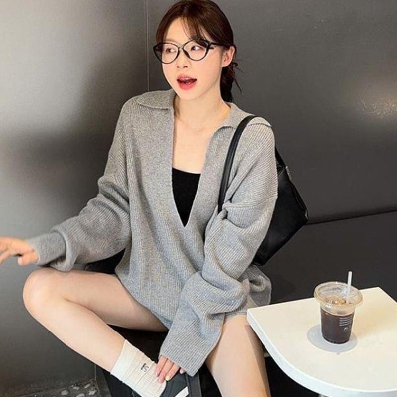 Set: Long-Sleeve Polo-Neck Plain Sweater + High Waist Shorts Product Image