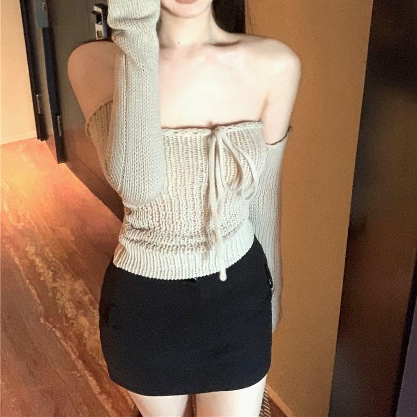 Long-Sleeve Off-Shoulder Plain Tie Front Slim Fit Knit Top Product Image