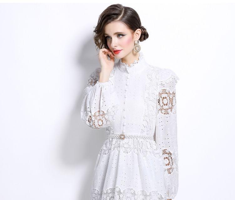 Set: Long Sleeve Stand Collar Plain Button Panel Lace Midi A-Line Dress + Belt Product Image