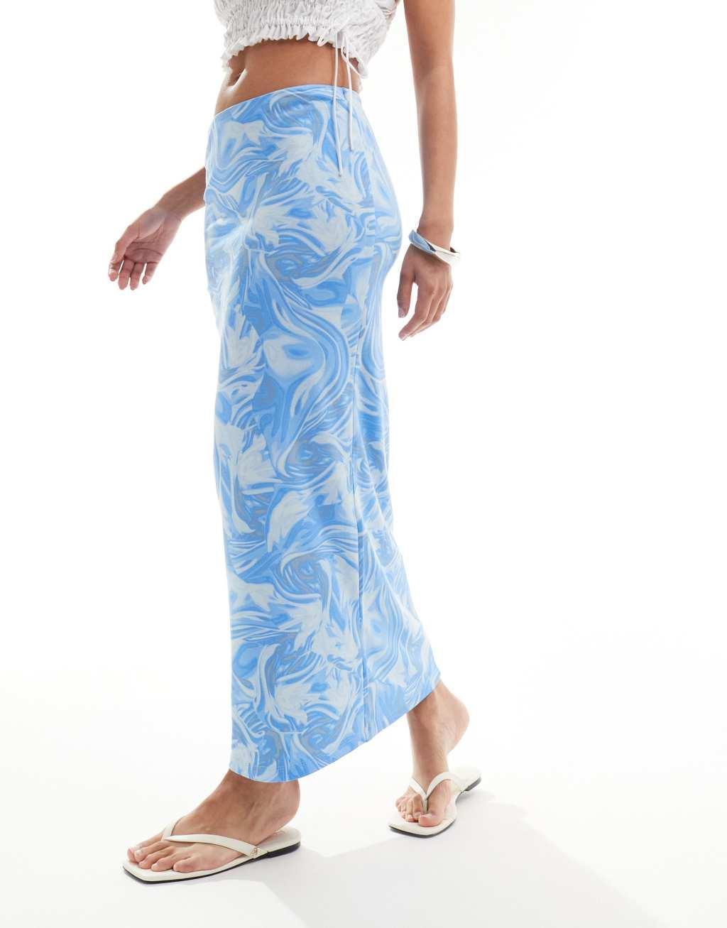 Monki midi skirt in blue blurr print Product Image