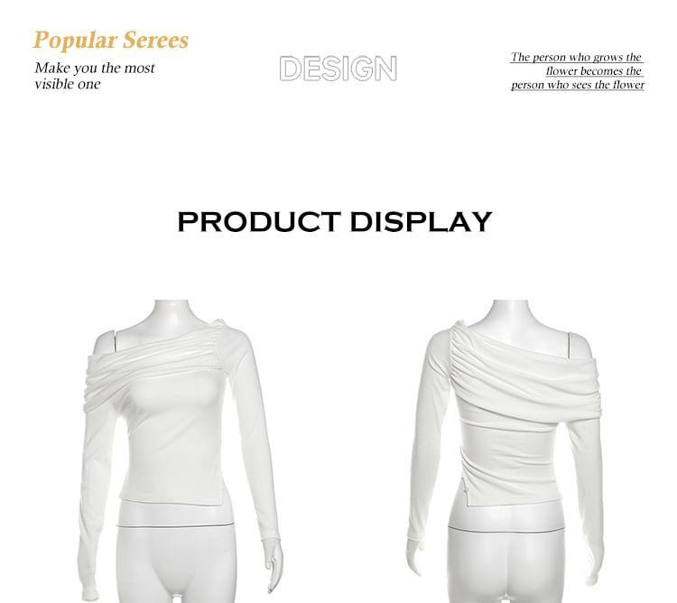 Long-Sleeve Off-Shoulder Plain Side-Slit T-Shirt Product Image