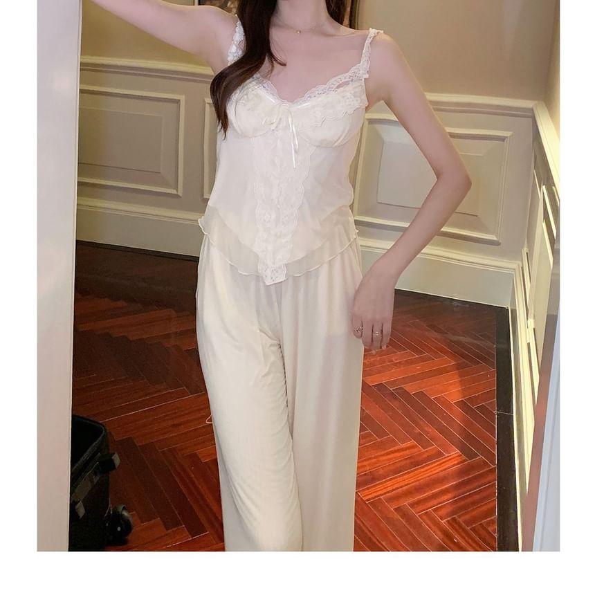 Pajama Set: Plain Lace Trim Camisole Top + Pants + Sheer Robe Product Image