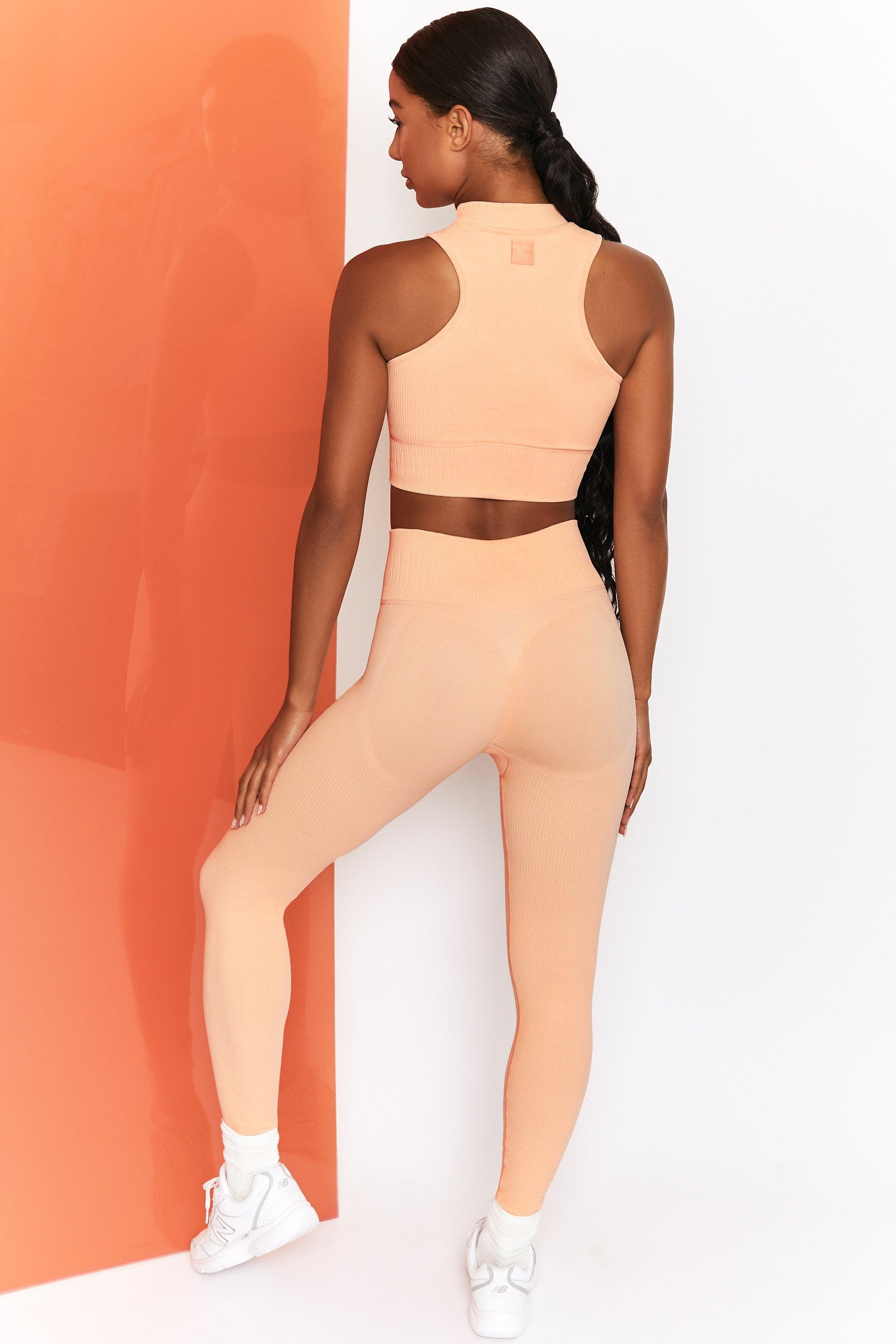 Energise Ribbed Tie Front Full Length Leggings in Peach Female Product Image