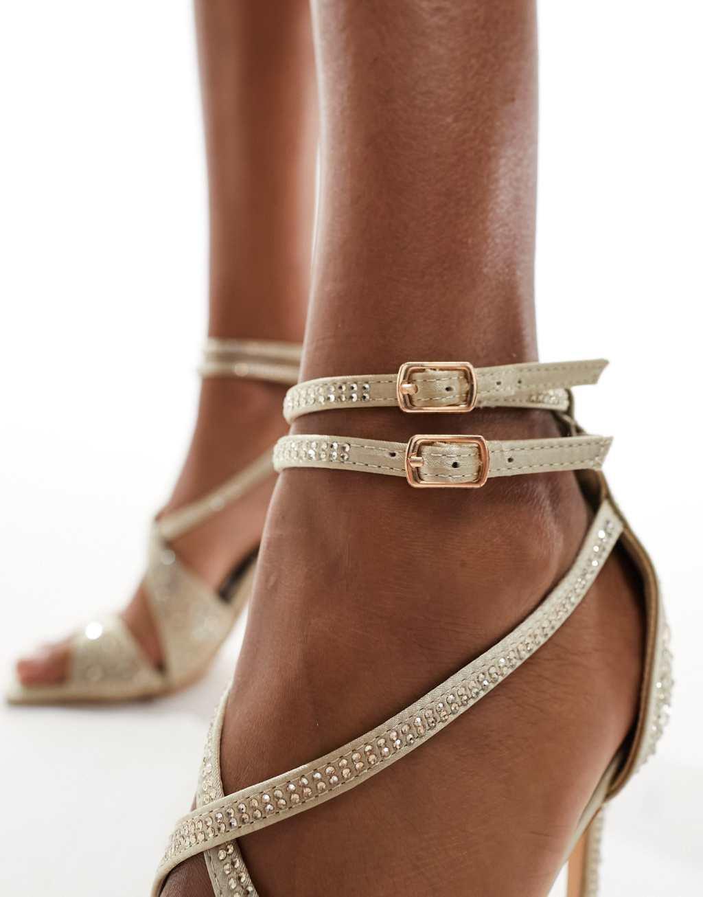 Public Desire Wide Fit Moana Exclusive embellished high heel sandals in gold platinum Product Image