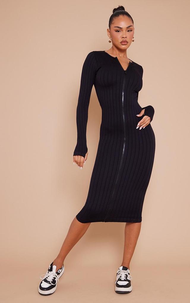 Black Structured Snatched Rib Zip Through Thumhole Midaxi Dress Product Image