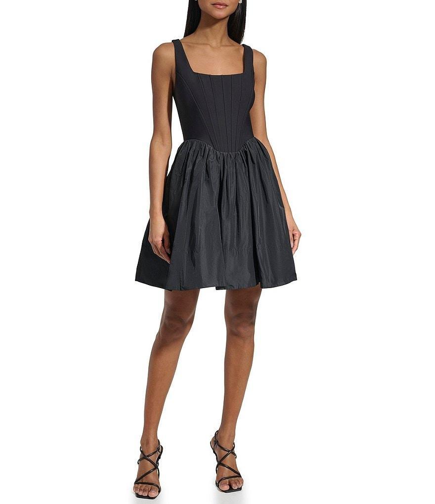 KARL LAGERFELD PARIS Square Neck Corset Bodice Taffeta Skirt Mini Dress Product Image