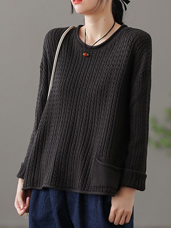 Artistic Retro Loose Long Sleeves Jacquard Solid Color Round-Neck Sweater Tops Product Image