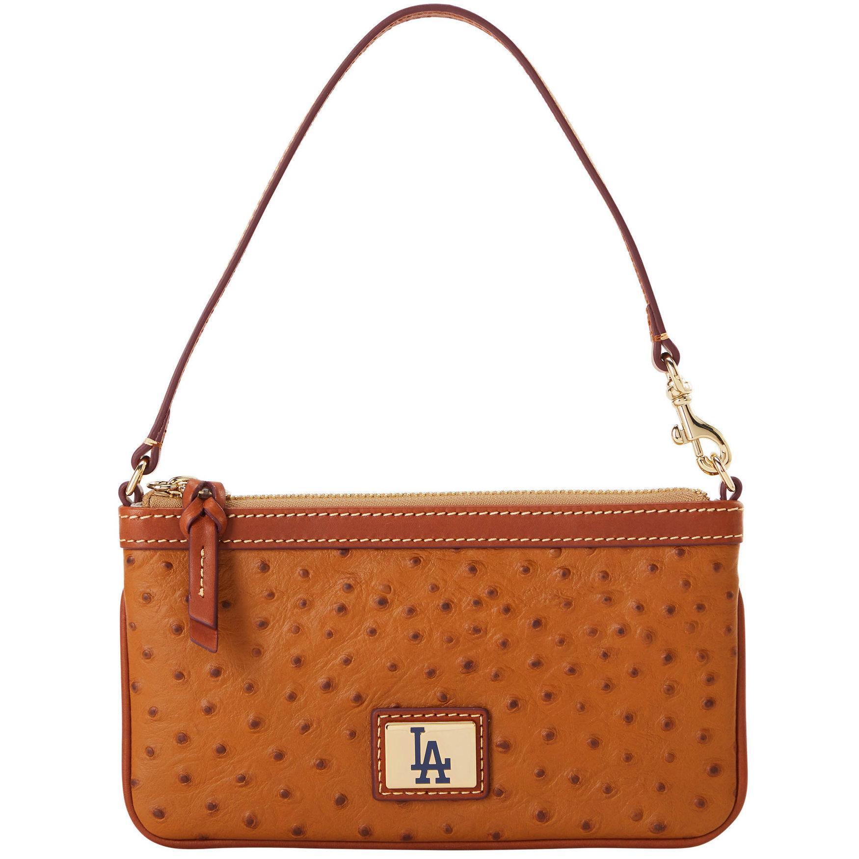 Dooney & Bourke Womens MLB Dodgers Large Slim Coated Cotton Wristlet in Caramel Product Image