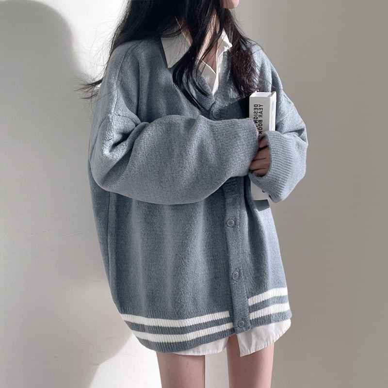 Drop-Shoulder Striped Oversized Cardigan Product Image