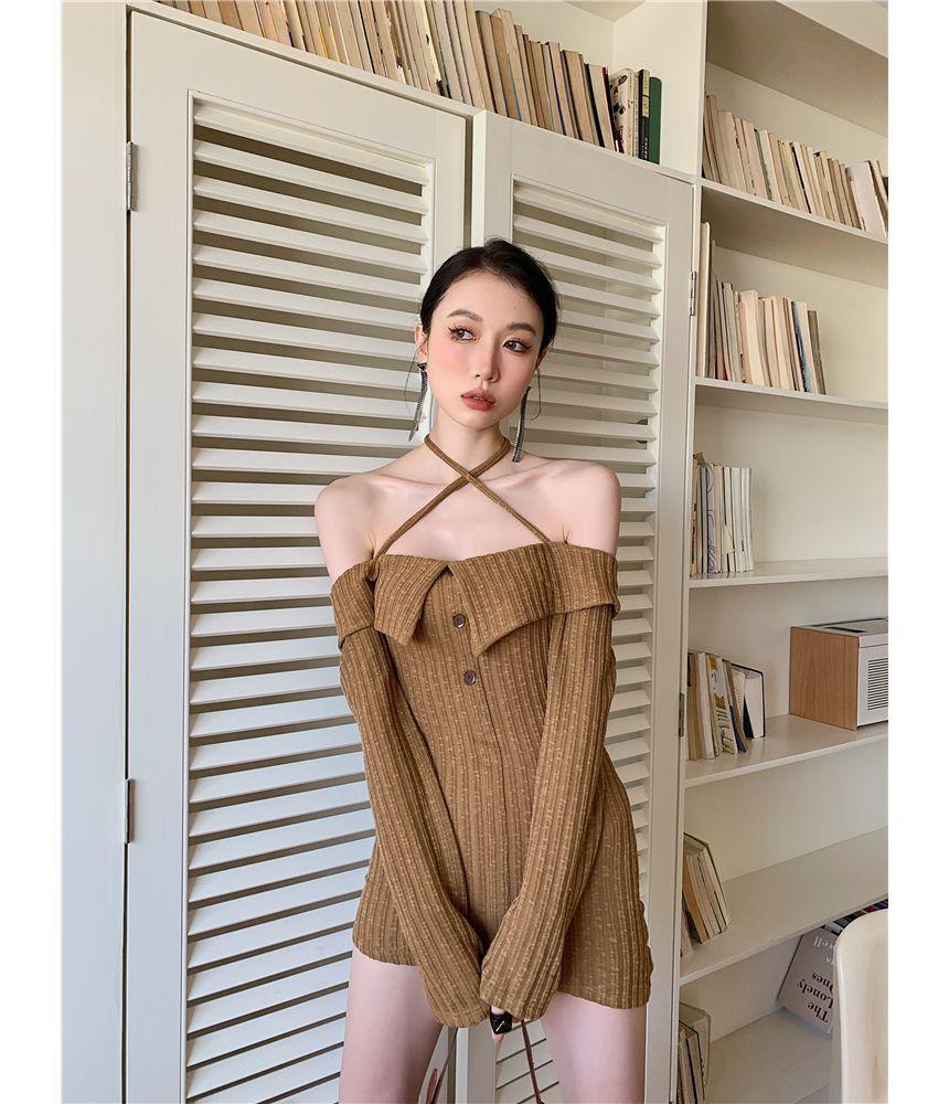 Long-Sleeve Cold-Shoulder Plain Ribbed Knit Mini Sheath Dress Product Image