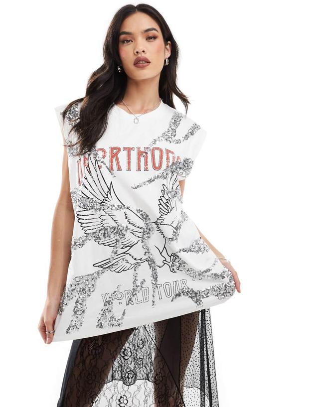 ASOS DESIGN oversized tank with embellished graphic in white Product Image