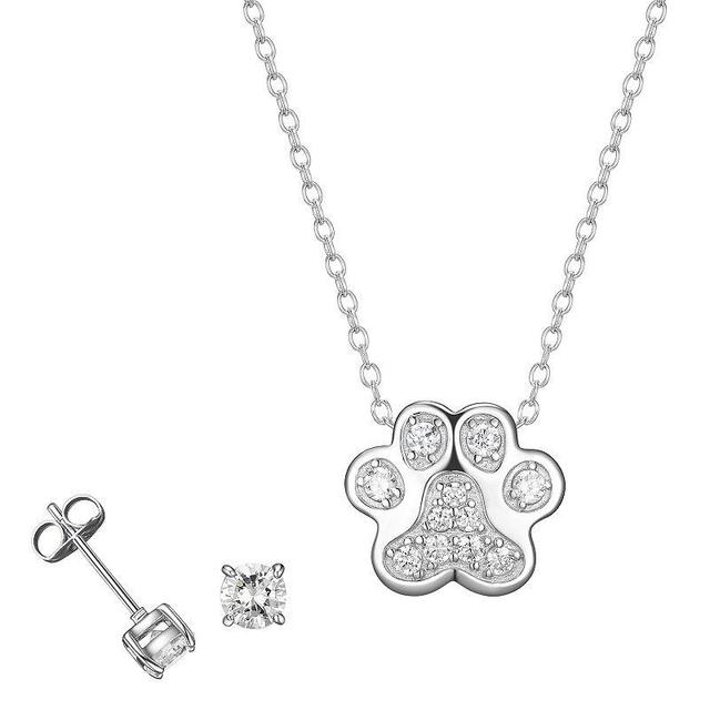 Sterling Silver Cubic Zirconia Dog Paw Pendant Necklace & Stud Earrings Set, Womens White Product Image