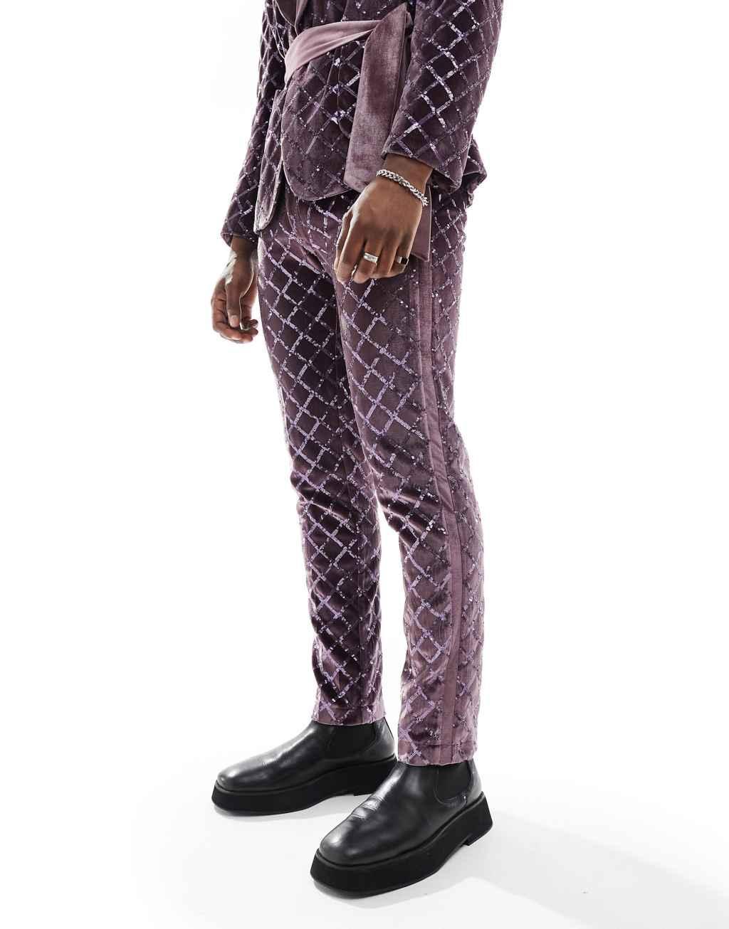 ASOS DESIGN slim diamond sequin suit pants in lilac Product Image