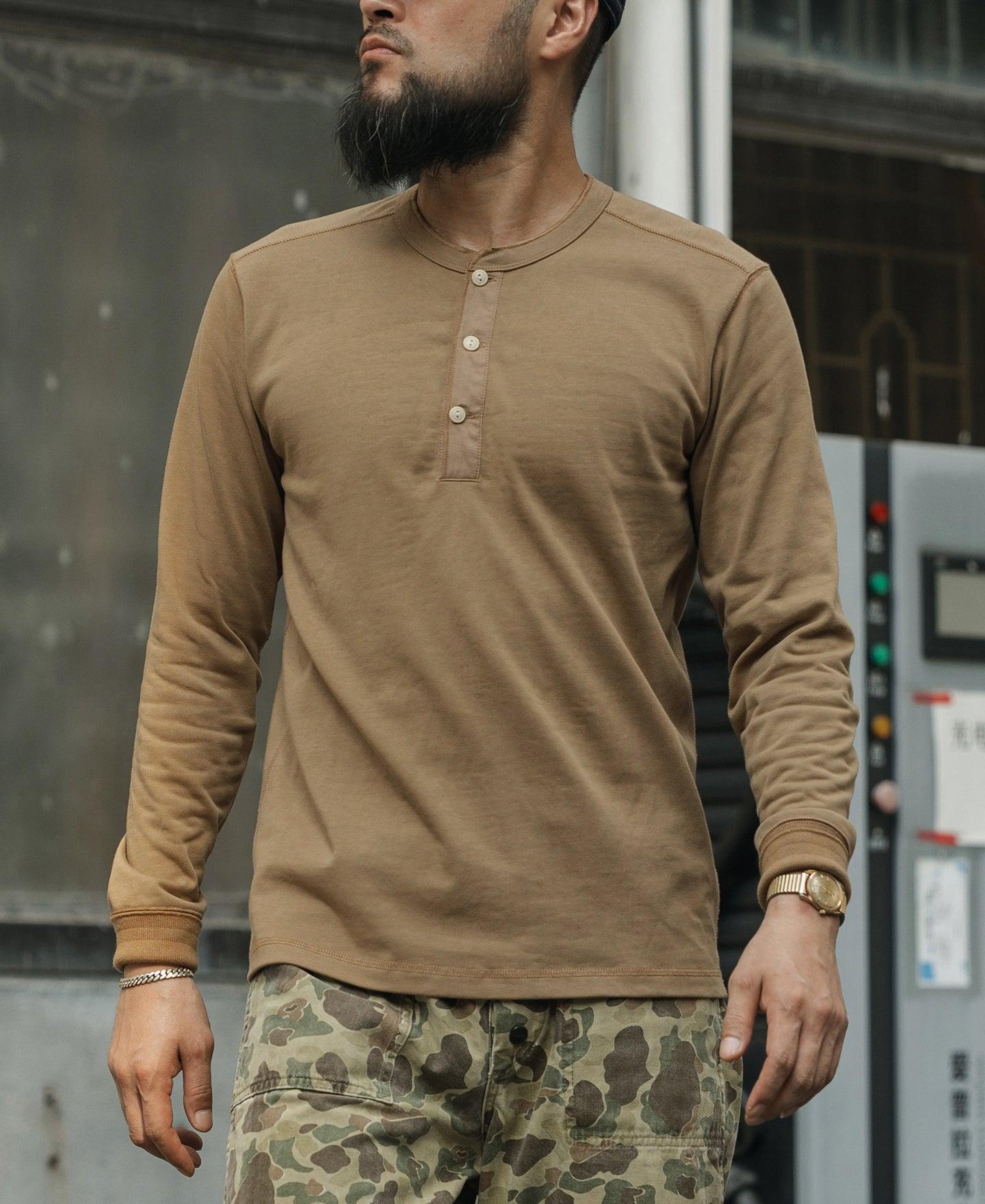 Vintage Long Sleeve Henley Shirt - Khaki Product Image